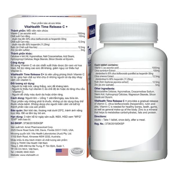 VitaHealth Viên Uống Time Release C+ Hỗ Trợ Bổ Sung Vitamin C Phù Hợp Cho Cả Người Bị Dạ Dày 30 Viên