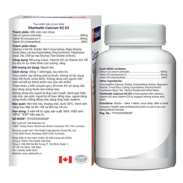 VitaHealth Viên Uống Calcium K2 D3 Hỗ Trợ Duy Trì Xương Răng Chắc Khỏe 30 Viên