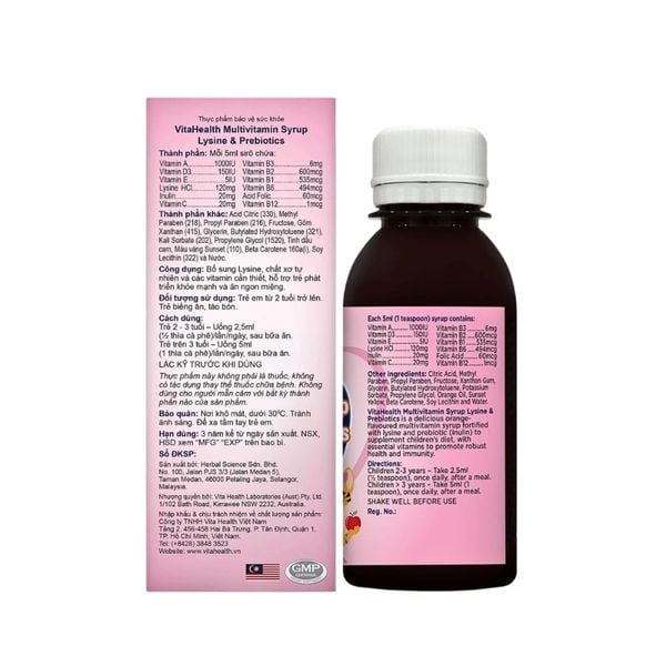 VitaHealth Siro Multivitamin Syrup Lysine & Prebiotics Bổ Sung Chất Xơ Tự Nhiên Cho Trẻ Từ 2 Tuổi Giúp Trẻ Ăn Ngon 120ml