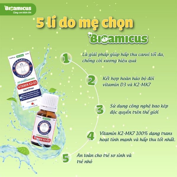 Bioamicus Vitamin K2 & D3 Hỗ Trợ Phát Triển Chiều Cao, Canxi, Ngừa Còi Xương Và Tăng Đề Kháng Cho Trẻ Lọ 10ml