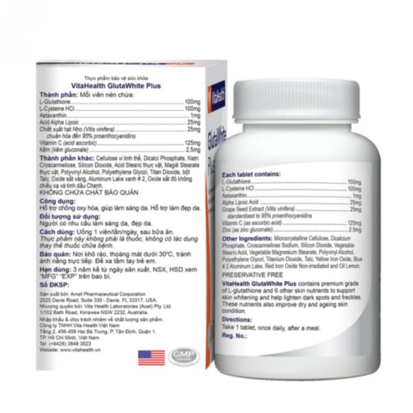 VitaHealth Viên Uống Glutawhite Plus Hỗ Trợ Chống Oxy Hóa, Làm Sáng Da 30 Viên