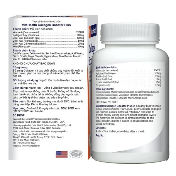 VitaHealth Viên Uống Collagen Booster Plus Giúp Da Mịn Màng Và Săn Chắc, Hạn Chế Lão Lão Hóa 60 Viên