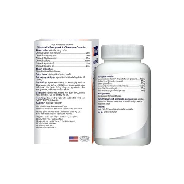 VitaHealth Viên Uống Fenugreek & Cinnamon Complex Hỗ Trợ Giảm Đường Huyết 30 Viên