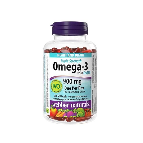 Webber Naturals Viên Uống Hỗ Trợ Tim Mạch Não, Giảm Chất Béo Trung Tín Trong Huyết Thanh Triple Strength Omega 3 900mg + CoQ10 Hộp 80 Viên