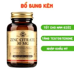 Solgar Viên Uống Bổ Sung Zinc Citrate 30 MG Hỗ Trợ Chống Lão Hóa, Tăng Cường Đề Kháng 100 Viên