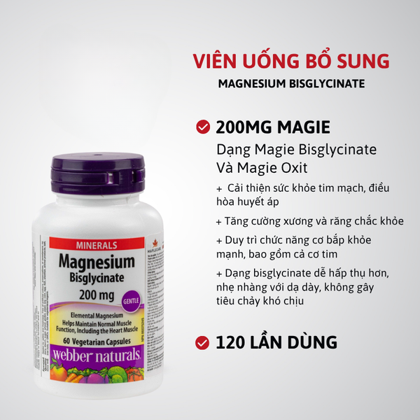 Webber Naturals Viên Uống Magie Dễ Dàng Hấp Làm Dịu Nhẹ Cho Hệ Tiêu Hóa Magnesium Bisglycinate 200mg Hộp 120 Viên