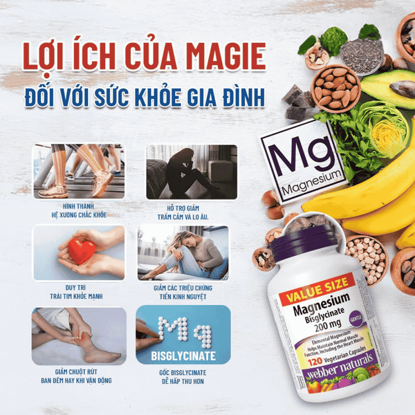 Webber Naturals Viên Uống Magie Dễ Dàng Hấp Làm Dịu Nhẹ Cho Hệ Tiêu Hóa Magnesium Bisglycinate 200mg Hộp 120 Viên