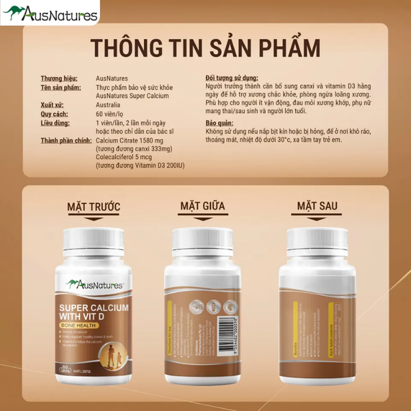 AusNatures Viên Uống Super Calcium With VIT D Bổ Sung Canxi Hữu Cơ Và Vitamin D 60 Viên