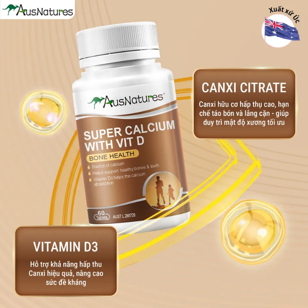 AusNatures Viên Uống Super Calcium With VIT D Bổ Sung Canxi Hữu Cơ Và Vitamin D 60 Viên