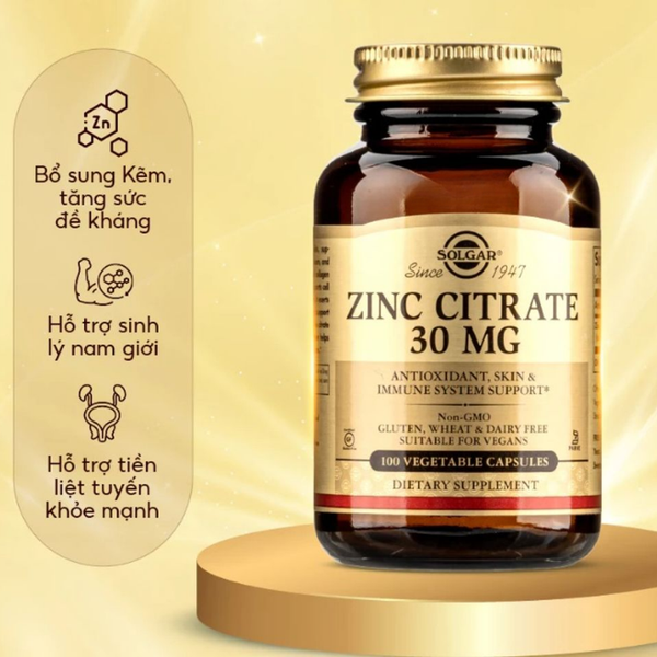 Solgar Viên Uống Bổ Sung Zinc Citrate 30 MG Hỗ Trợ Chống Lão Hóa, Tăng Cường Đề Kháng 100 Viên