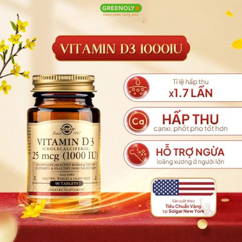 Solgar Viên Uống Bổ Sung Vitamin D3 1000 IU Giúp Xương Chắc Khỏe, Tăng Cường Miễn Dịch 90 Viên