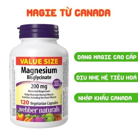 Webber Naturals Viên Uống Magie Dễ Dàng Hấp Làm Dịu Nhẹ Cho Hệ Tiêu Hóa Magnesium Bisglycinate 200mg Hộp 120 Viên