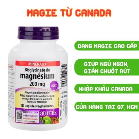 Webber Naturals Viên Uống Magie Dễ Dàng Hấp Làm Dịu Nhẹ Cho Hệ Tiêu Hóa Magnesium Bisglycinate 200mg Hộp 120 Viên