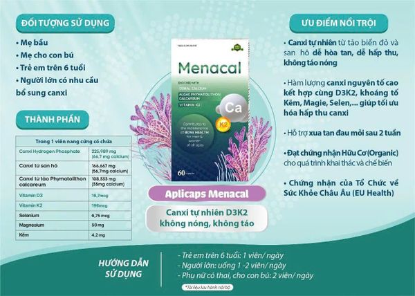 Menacal Canxi Tảo Biển Kèm D3 K2 Tăng Khả Năng Hấp Thu 60 Viên