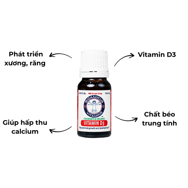 Bioamicus Vitamin D3 400IU Hỗ Trợ Hấp Thu Canxi Phát Triển Chiều Cao Cho Trẻ Lọ 10ml