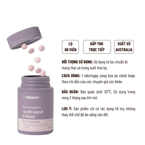 Perdays Viên Uống Activated Folate & B-Vitamins Bổ Sung Acid Folic & Vitamin B Cho Mẹ Bầu 60 Viên