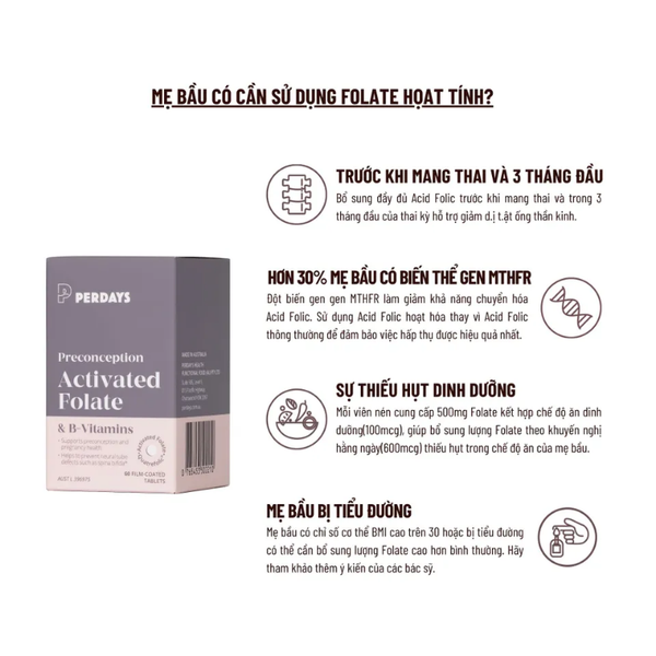 Perdays Viên Uống Activated Folate & B-Vitamins Bổ Sung Acid Folic & Vitamin B Cho Mẹ Bầu 60 Viên