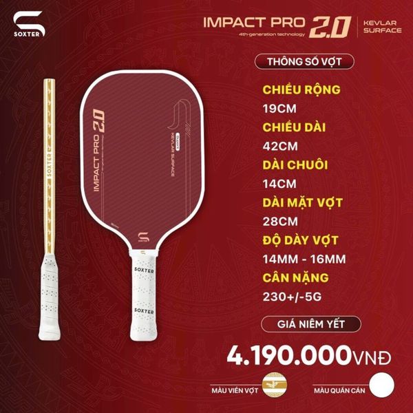 Soxter Vợt Pickleball Impact Pro 2.0 16mm Màu Đỏ Viền Lạc Vàng