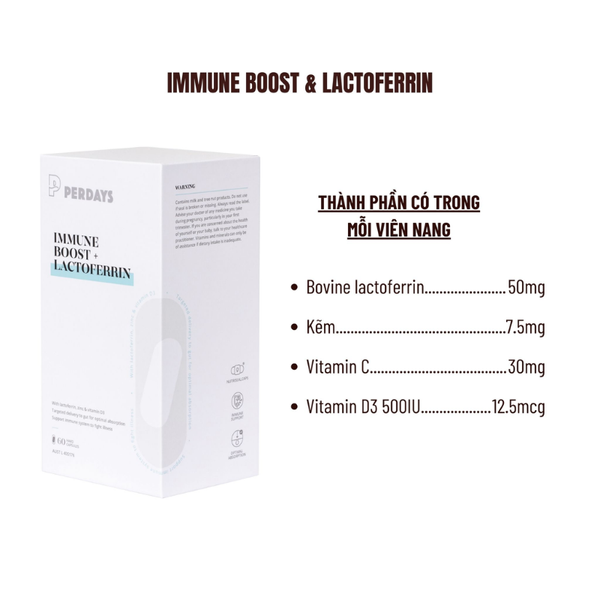 Perdays Viên Uống Immune Boost & Lactoferrin Hỗ Trợ Tăng Đề Kháng, Hệ Miễn Dịch Khỏe Mạnh Cho Mẹ Bầu 60 Viên