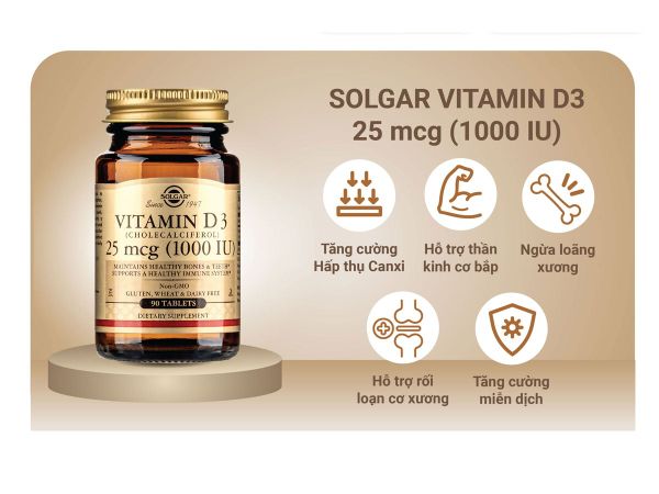 Solgar Viên Uống Bổ Sung Vitamin D3 1000 IU Giúp Xương Chắc Khỏe, Tăng Cường Miễn Dịch 90 Viên
