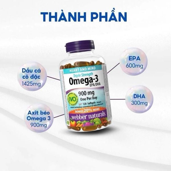 Webber Naturals Viên Uống Hỗ Trợ Tim Mạch, Não Triple Strength Omega 3 900mg EPA/DHA Hộp 120 Viên