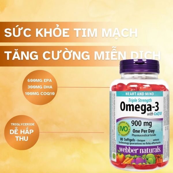 Webber Naturals Viên Uống Hỗ Trợ Tim Mạch Não, Giảm Chất Béo Trung Tín Trong Huyết Thanh Triple Strength Omega 3 900mg + CoQ10 Hộp 80 Viên