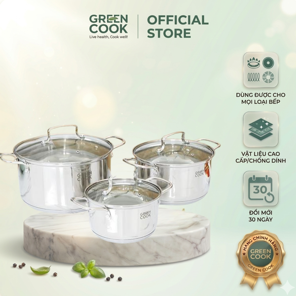 Bộ 3 Nồi Inox 3 Đáy Nắp Kính Green Cook GCS2519 - Hàng Chính Hãng
