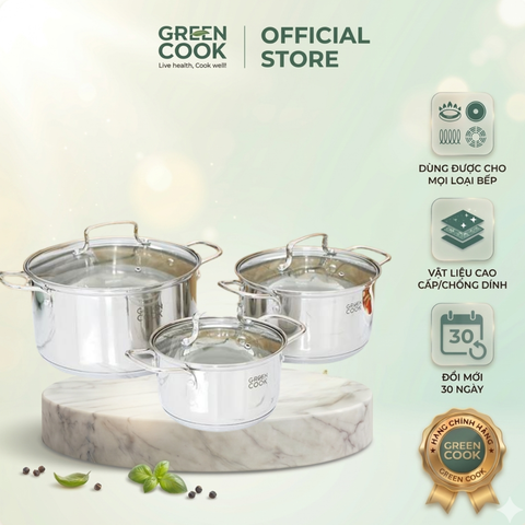 Bộ 3 Nồi Inox 3 Đáy Nắp Kính Green Cook GCS2519 - Hàng Chính Hãng