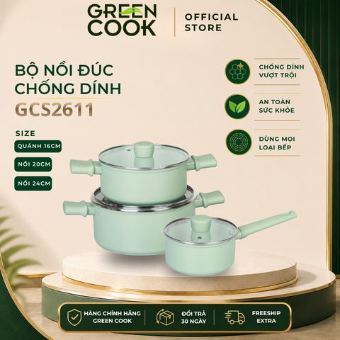 Bộ 3 Nồi Canh Tráng Men Ceramic Đáy Từ Green Cook SAGE FLOW GCS2611 - Hàng Chính Hãng App