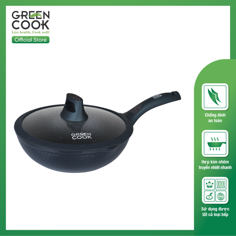 Chảo Đúc Nguyên Khối Hoa Văn Kim Cương Green Cook GCP2513 Có Nắp - Dùng Cho Mọi Loại Bếp - Hàng Chính Hãng Green Cook