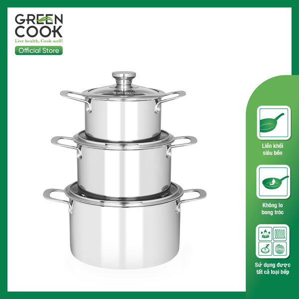 Bộ 3 Nồi Inox Nguyên khối Green Cook GCS256-T1 Size 16cm, 20cm, 24cm - Chính Hãng Green Cook