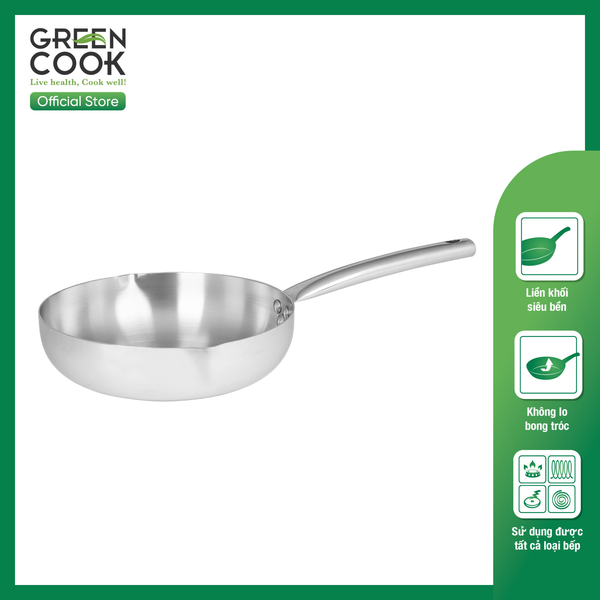 Chảo Inox 3 Lớp Nguyên Khối Miệng Rót Green Cook GCP254 Size 20-24-26 Chính Hãng Green Cook