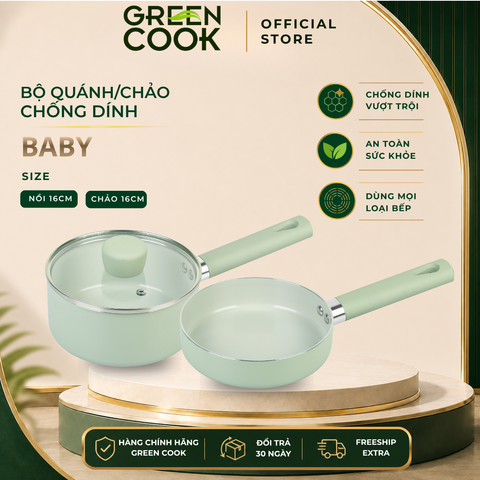 Bộ Nồi Chảo Tráng Men Ceramic Green Cook Baby SageFlow GCS2613-T1 - Hàng Chính Hãng