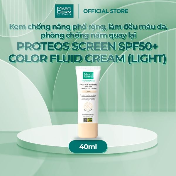 Kem chống nắng phổ rộng, làm đều màu da, ngừa lão hoá, phòng chống nám quay lại - MartiDerm The Originals Proteos Screen SPF50 Color Fluid Cream (Light) (40ml)