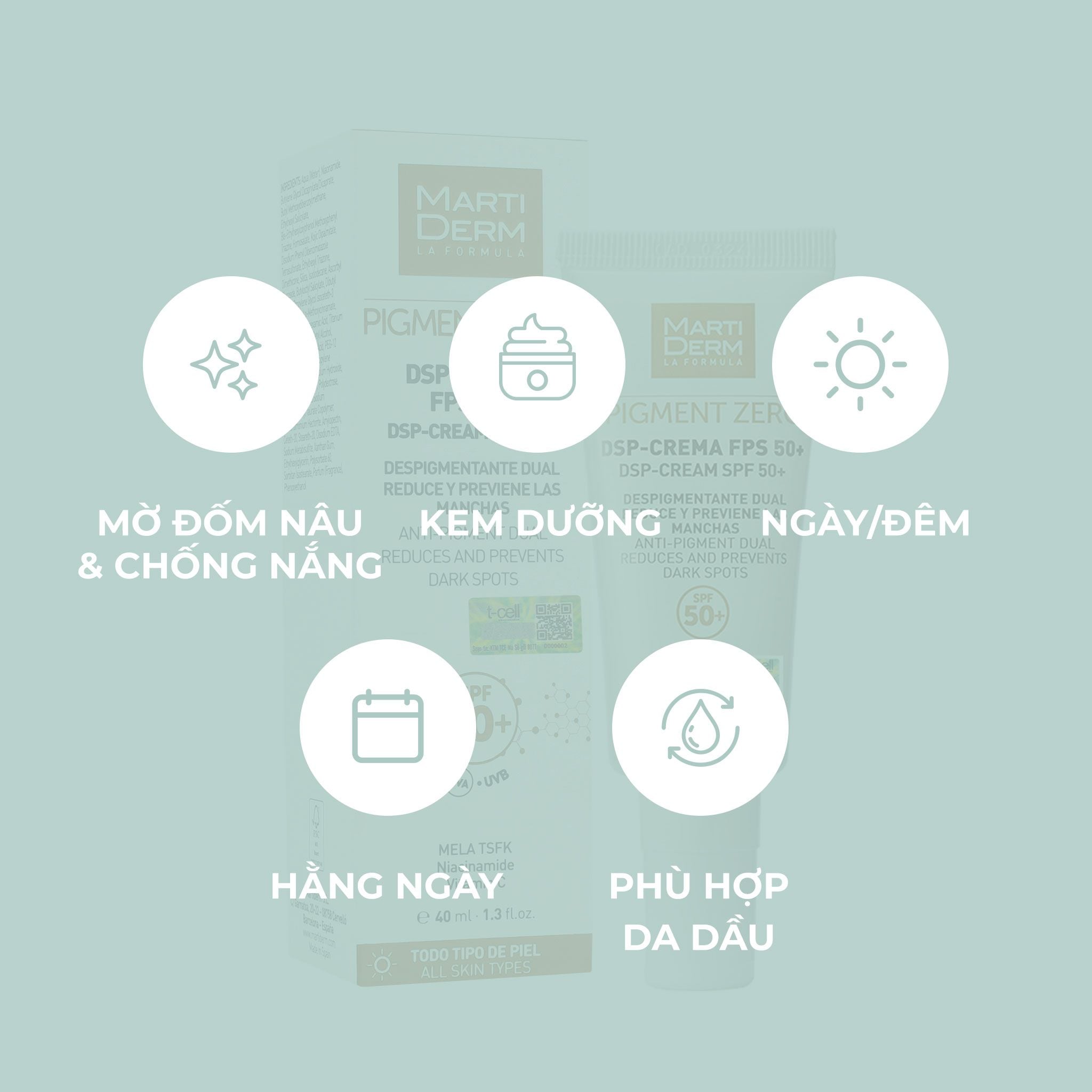 Kem Điều Trị Ban Ngày Chống Nắng Làm Sáng Da, Mờ Sắc Tố, Duy Trì Sau Hydroquinone - MartiDerm Pigment Zero DSP SPF50+ Cream (40ml) 
