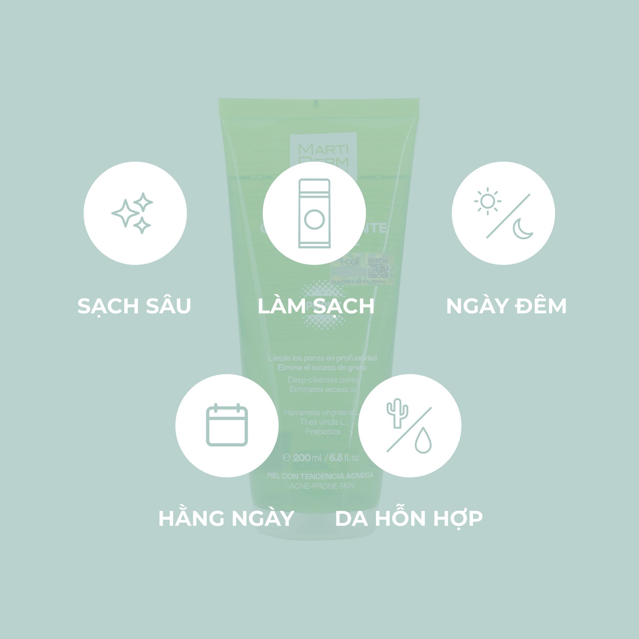  Gel rửa mặt cho da dầu mụn - MartiDerm Acniover Purifying Gel (200ml) 