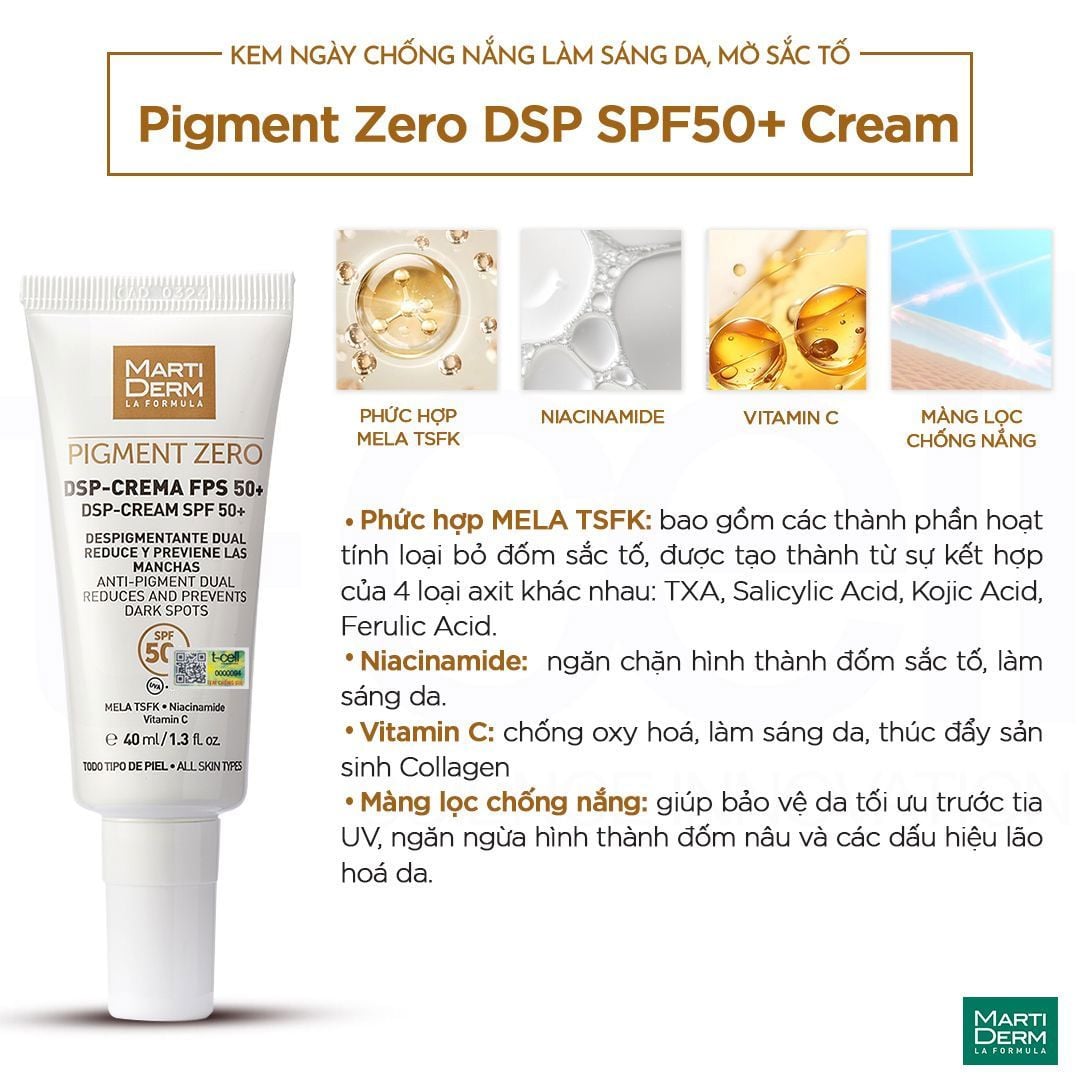  Kem Điều Trị Ban Ngày Chống Nắng Làm Sáng Da, Mờ Sắc Tố, Duy Trì Sau Hydroquinone - MartiDerm Pigment Zero DSP SPF50+ Cream (40ml) 