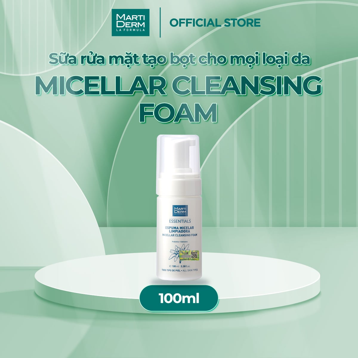 Sữa rửa mặt dạng bọt dịu nhẹ cho mọi loại da Martiderm Essentials Micellar Cleansing Foam 100ml