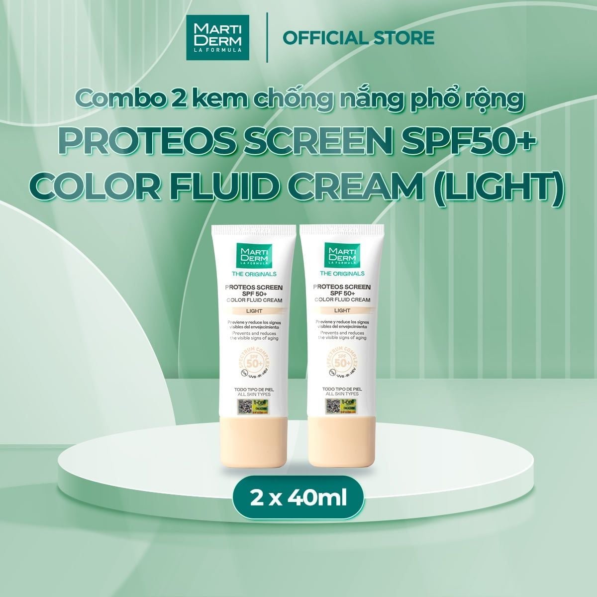  Combo 2 Kem Chống Nắng Làm Đều Màu Da, Phòng Chống Nám Quay Lại - MartiDerm The Originals Proteos Screen SPF50+ Color Fluid Cream (Light) 