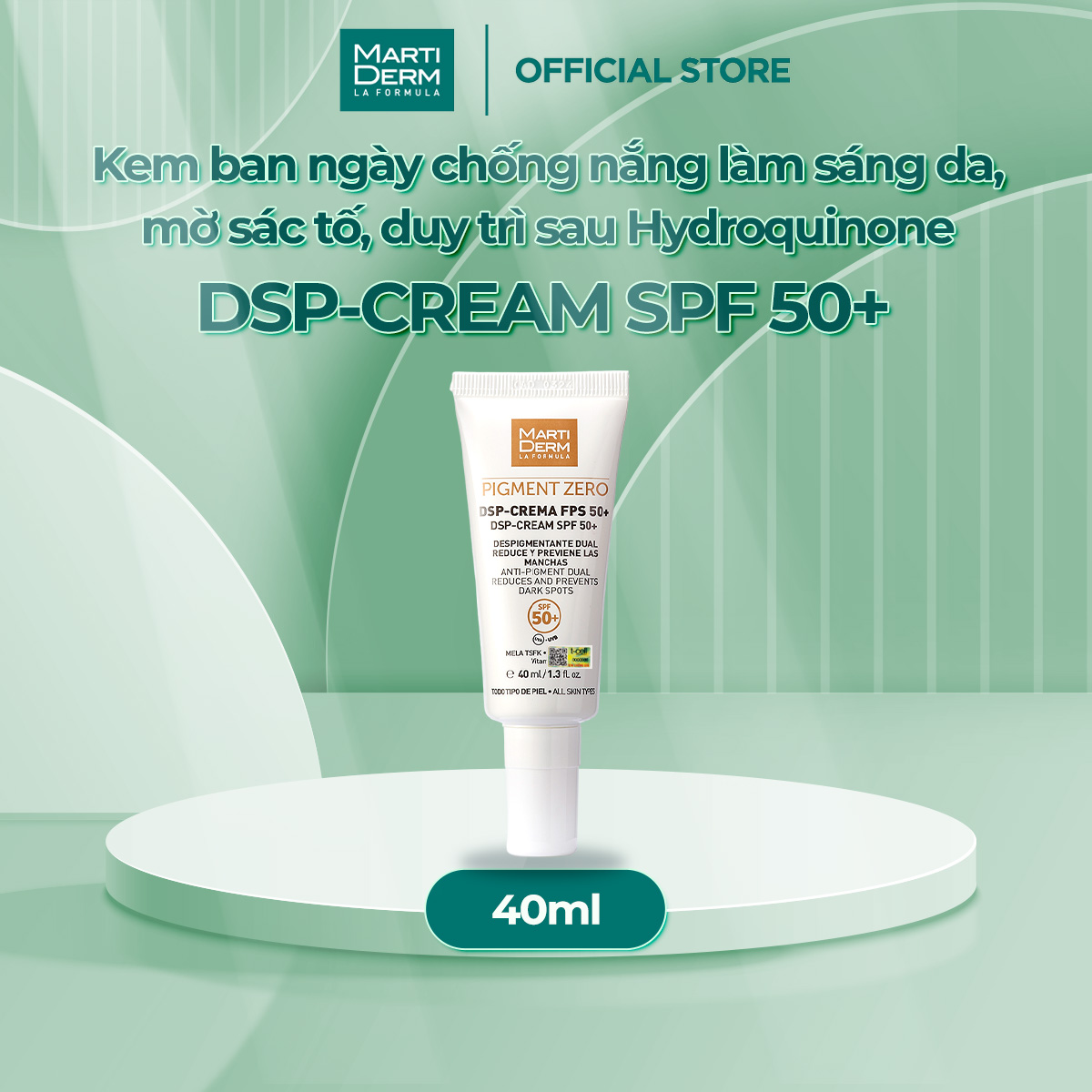Kem Điều Trị Ban Ngày Chống Nắng Làm Sáng Da, Mờ Sắc Tố, Duy Trì Sau Hydroquinone - MartiDerm Pigment Zero DSP SPF50 Cream (40ml)