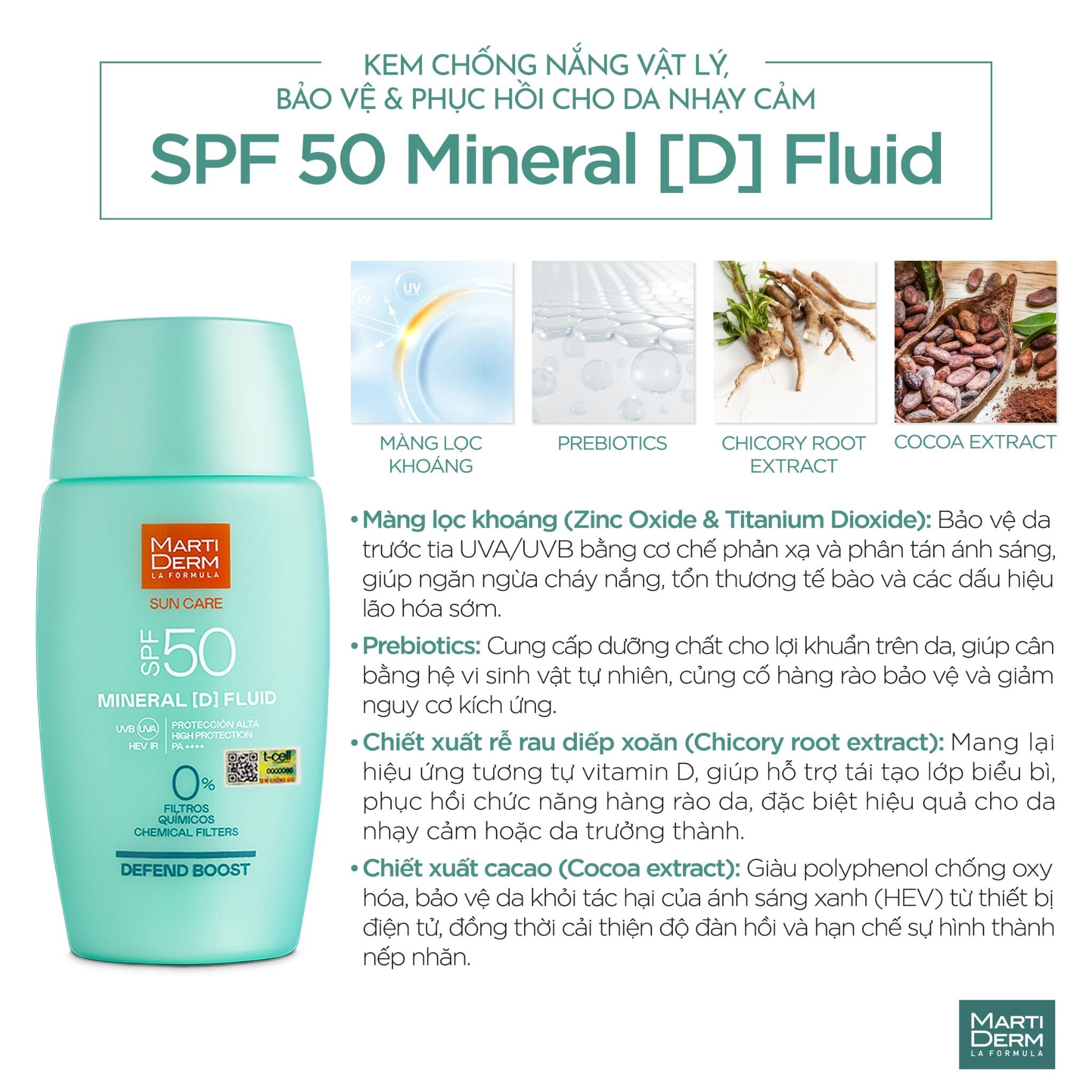  [MỚI RA MẮT] Kem chống nắng vật lý, bảo vệ & phục hồi cho da nhạy cảm MartiDerm SPF 50 Mineral [D] Fluid 