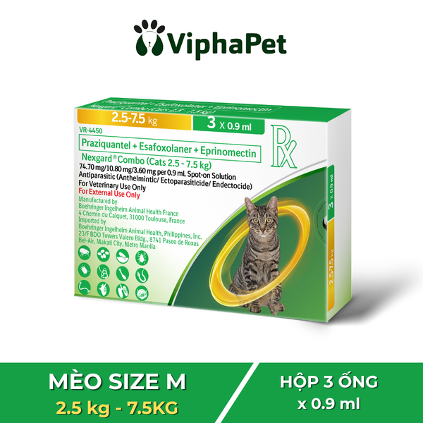 NexGard COMBO - Ống nhỏ gáy phòng & trị hơn 31 loại nội, ngoại kí sinh dành cho mèo size M (2.5 - 7,5kg) - 1 hộp 3 ống 0,9ml