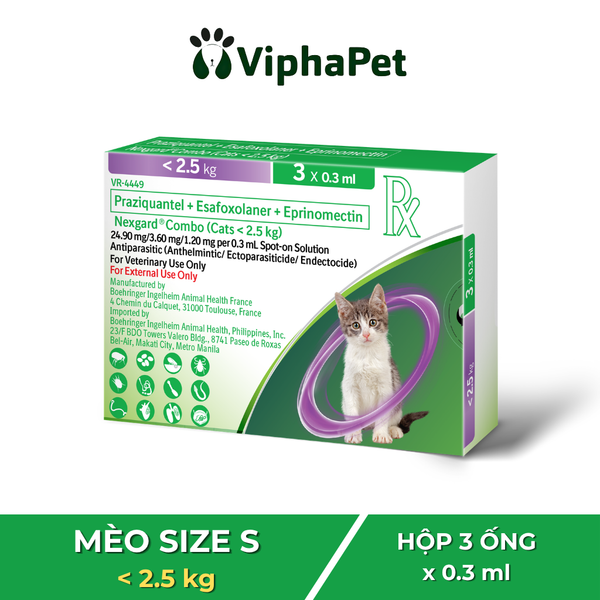 NexGard COMBO - Ống nhỏ gáy phòng & trị hơn 31 loại nội, ngoại kí sinh dành cho mèo size S (<2.5kg) - 1 hộp 3 ống 0,3ml