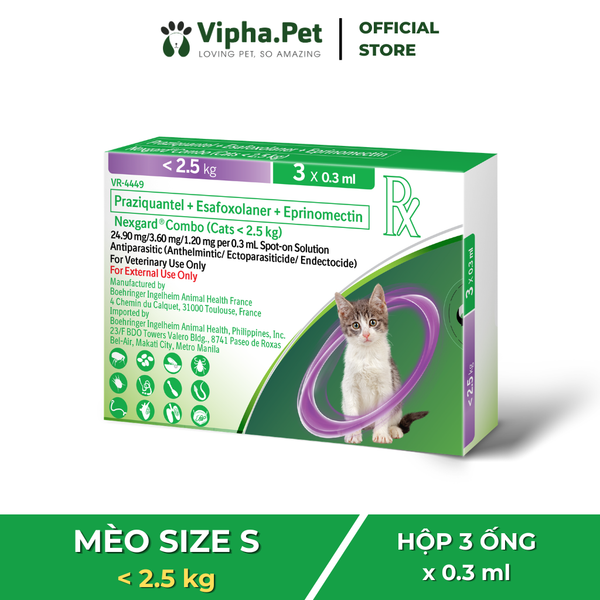 NexGard COMBO - Ống nhỏ gáy phòng & trị hơn 31 loại nội, ngoại kí sinh dành cho mèo size S (<2.5kg) - 1 hộp 3 ống 0,3ml