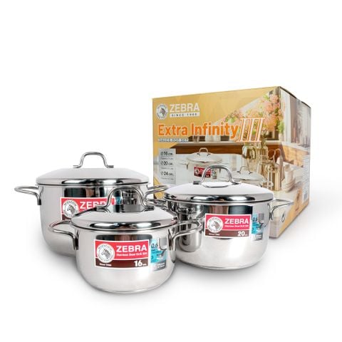 Bộ nồi 3 đáy Zebra Extra Infinity II_0.6mm_(16cm - 20cm - 24cm) - 180829 || Extra Infinity II 3-layer-bottom cookware set 16cm - 20cm - 24cm