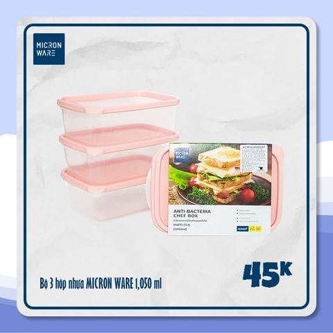 Bộ 3 hộp nhựa kháng khuẩn Chef Box Micron Ware 1,05L - 6073/3 || Set of 3 plastic food containers 1.05L - 6073/3