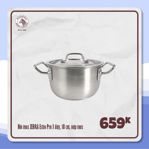 Nồi Inox Estio Pro 3 đáy nắp inox 16cm - 26cm ||  Zebra Estio Pro 3-layer-bottom Stainless Steel Pot with stainless steel lid 16cm - 26cm