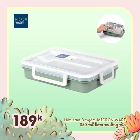 Hộp cơm 3 ngăn Micronware 850ml kèm muỗng nĩa - 6235