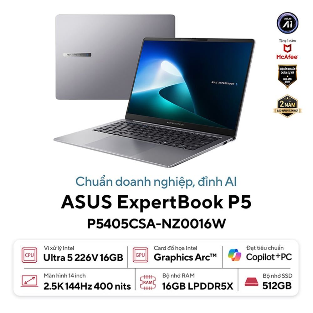  Laptop ASUS ExpertBook P5 P5405CSA-NZ0016W (Ultra U5 226V | 16GB | 512GB | Intel Arc 130V | 14' 2K WQXGA 144Hz | Win 11) 
