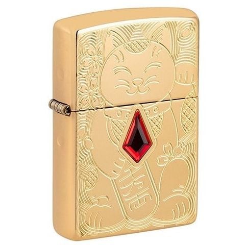 Bật Lửa Zippo 49802 – Zippo Lucky Cat Design Emblem Attached Armor® High Polish Brass Mèo Đính Đá Đỏ Chiêu Tài May Mẵn Z309